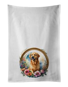Golden Retriever and Flowers Kitchen Towel Set of 2 White Dish Towels Decorative Bathroom Hand towel for Hand, Face, Hair, Yoga, Tea, Dishcloth