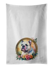 English Bulldog and Flowers Kitchen Towel Set of 2 White Dish Towels Decorative Bathroom Hand towel for Hand, Face, Hair, Yoga, Tea, Dishcloth