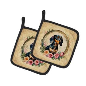 Dachshund and Flowers Pair of Pot Holders Kitchen Heat Resistant Pot Holders Sets Oven Hot Pads for Cooking Baking BBQ, 7 1/2 x 7 1/2